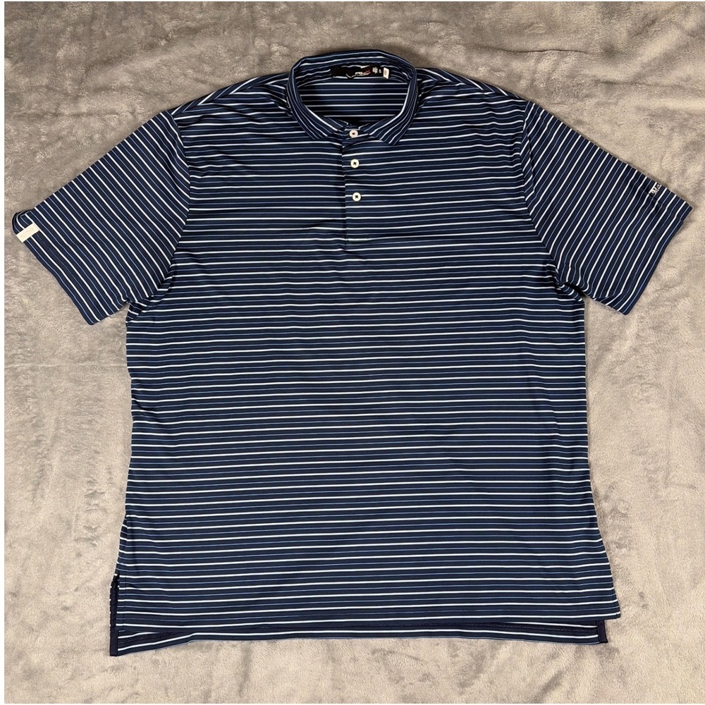 RLX Ralph Lauren Mens Navy Blue Striped Golf Polo Shirt Mount Kisco CC XL